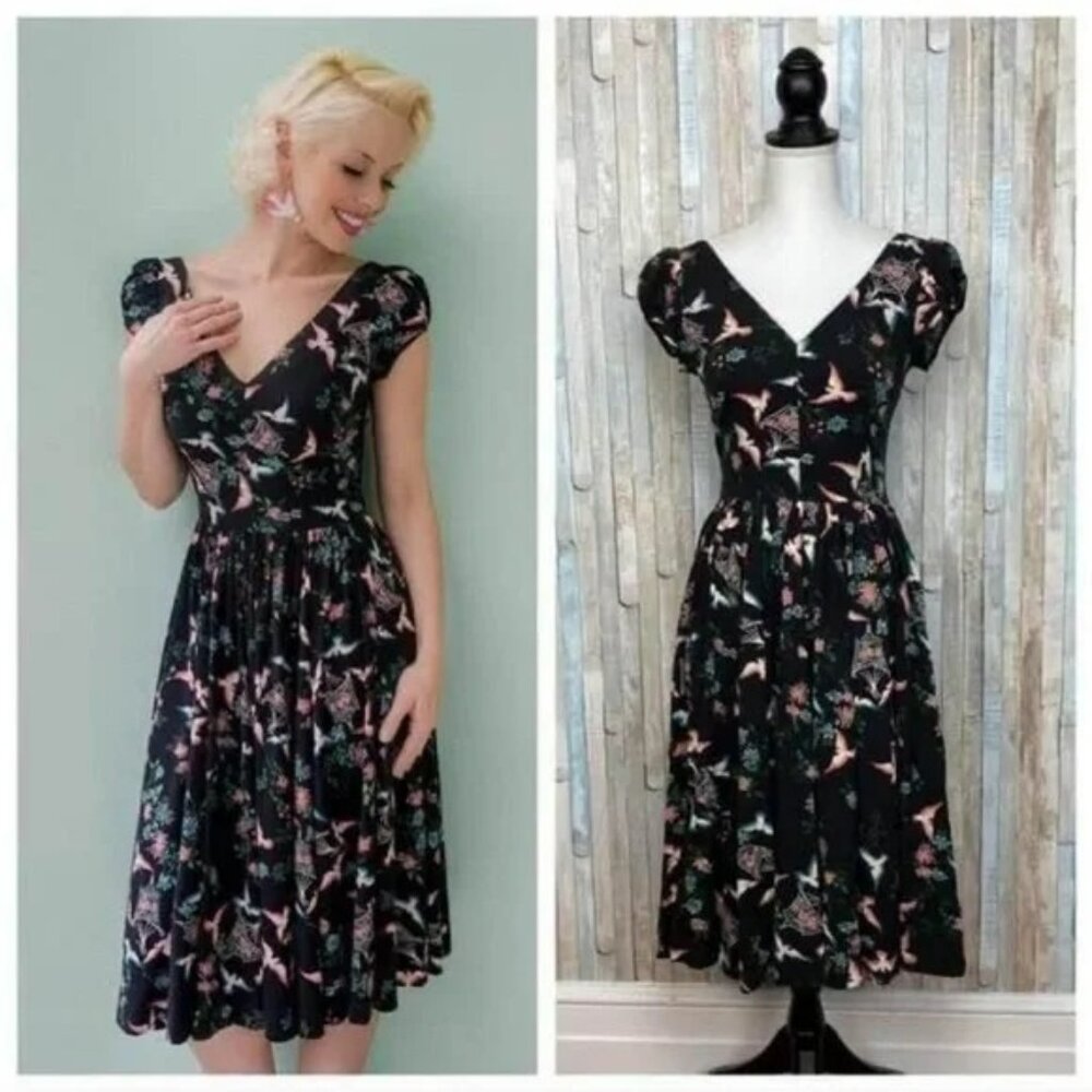 Trashy Diva Love Birds Pinup Rockabilly Black Dress Sz16 Lindy Swing 50s 60s vtg